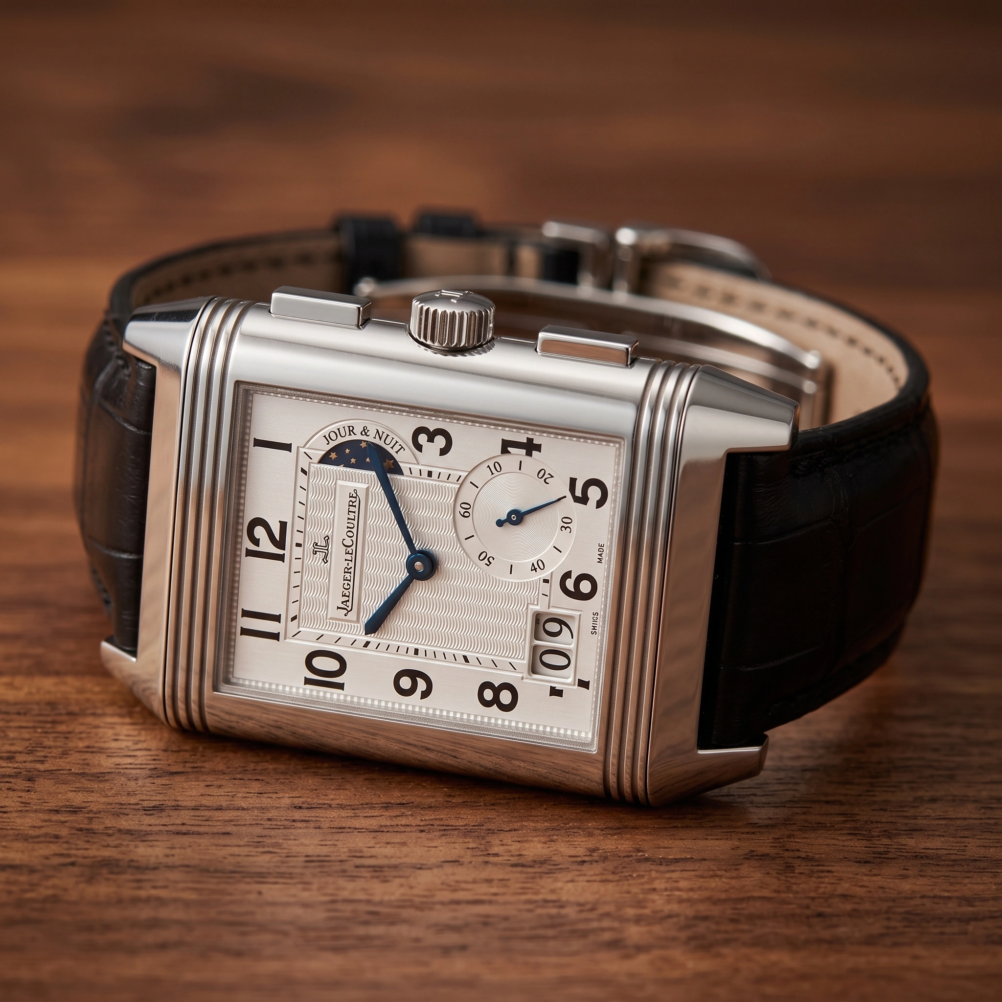 Jaeger-LeCoultre Reverso הלוח חרוט בדוגמה ייחודית, מחוגים מכוחלים.